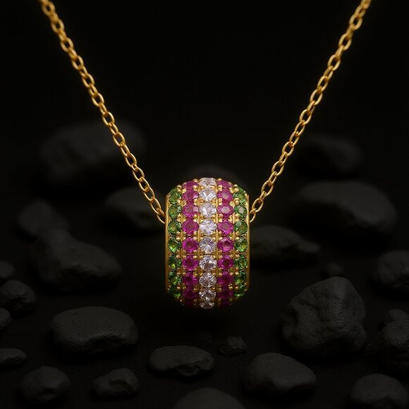 Multicolor Gemstone Pavé Barrel 14K 18Kuponrequest Yellow Gold Pendant Necklace - Picture 5 of 6